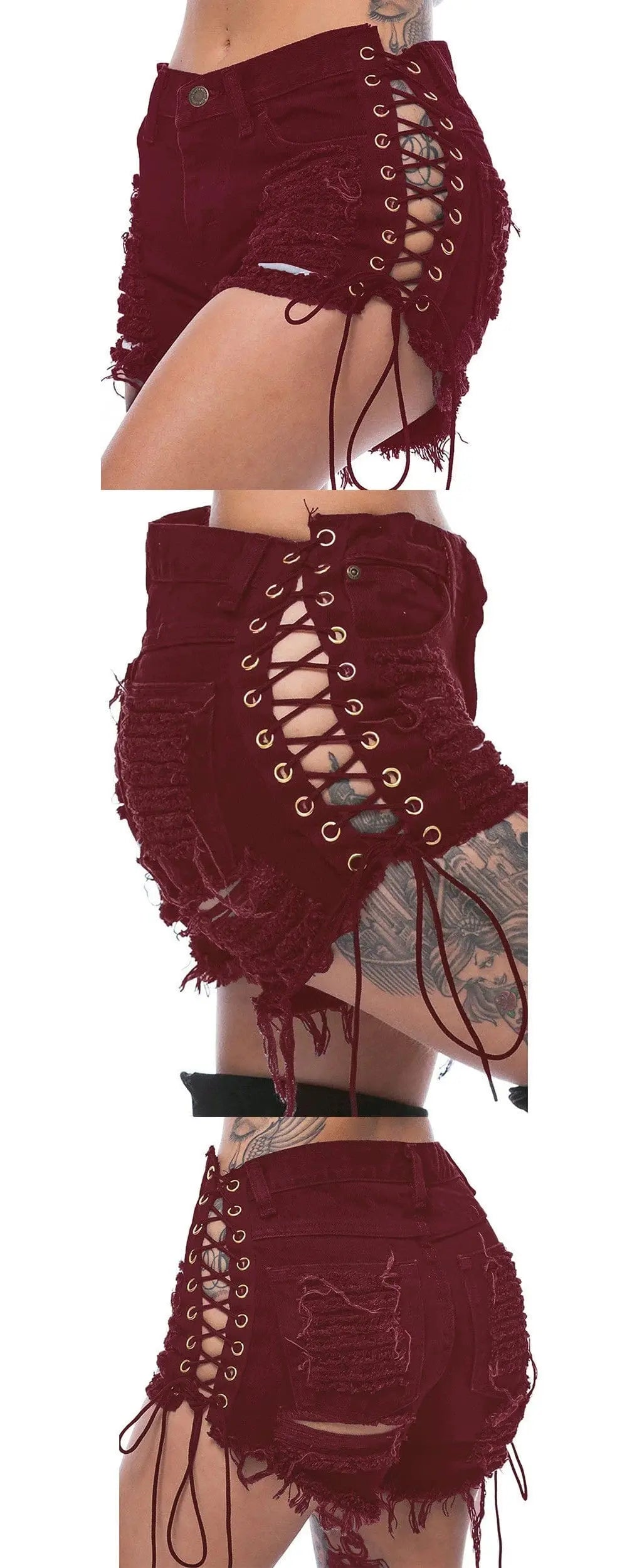 Showlu Fashion high waist lace denim shorts with ripped details, European-American style hot pants, perfect for summer casual wear.