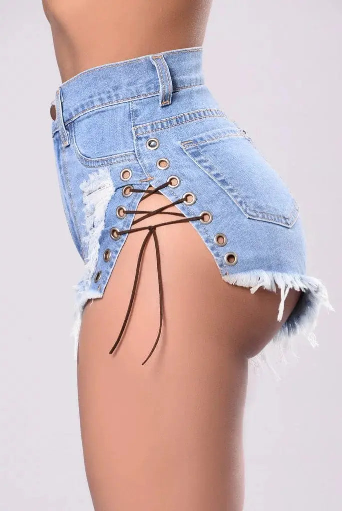 Showlu Fashion high waist lace denim shorts with ripped design and European-American style, perfect for summer hot pants.