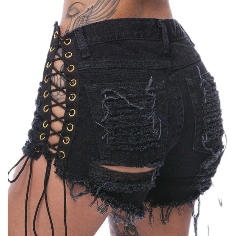 Showlu Fashion high waist lace denim shorts with ripped details, European-American style hot pants for summer.