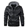 Men's faux leather motorcycle jacket with detachable hood, casual biker style, in black from Showlu Fashion Store.