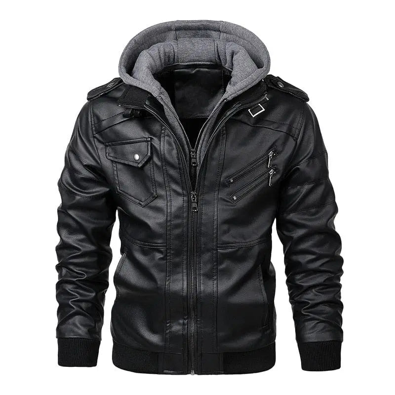 Men's faux leather motorcycle jacket with detachable hood, casual biker style, in black from Showlu Fashion Store.