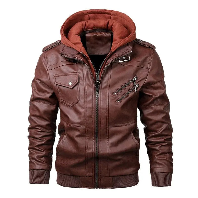 King Billion men's faux leather motorcycle jacket with a detachable hood, casual biker style, black PU material, EU size.
