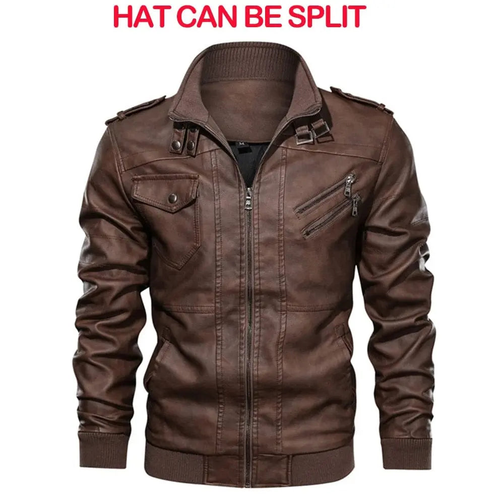 King Billion men's faux leather motorcycle jacket with detachable hood, casual biker style, shown in autumn wear.