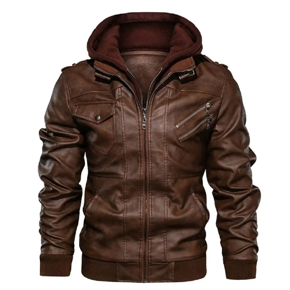 King Billion men's faux leather motorcycle jacket with detachable hood, casual biker style, shown in black with zipper details.