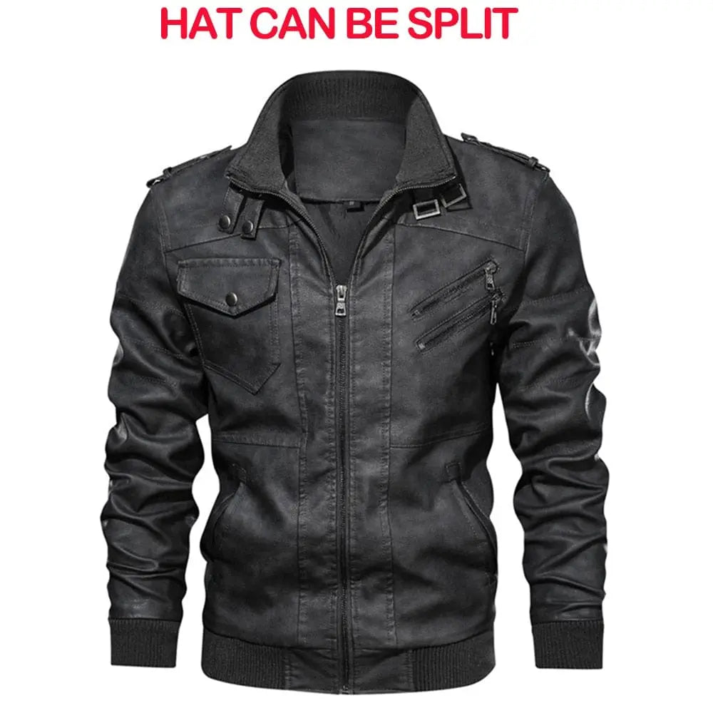 King Billion men's faux leather motorcycle jacket with detachable hood, casual biker style, shown in dark brown with zipper details.