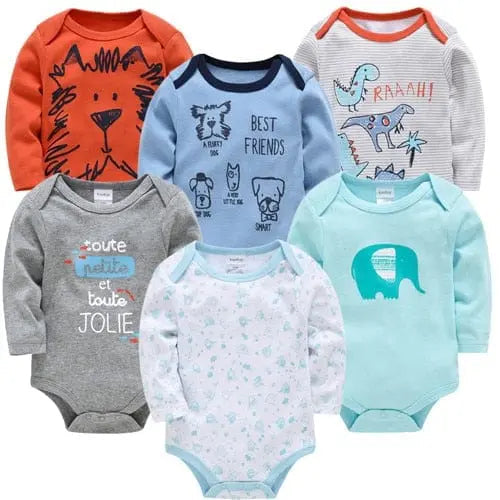 Kavkas baby bodysuits by Showlu Fashion Store, 6-pack of long sleeve cotton jumpsuits for boys and girls aged 0-12 months.