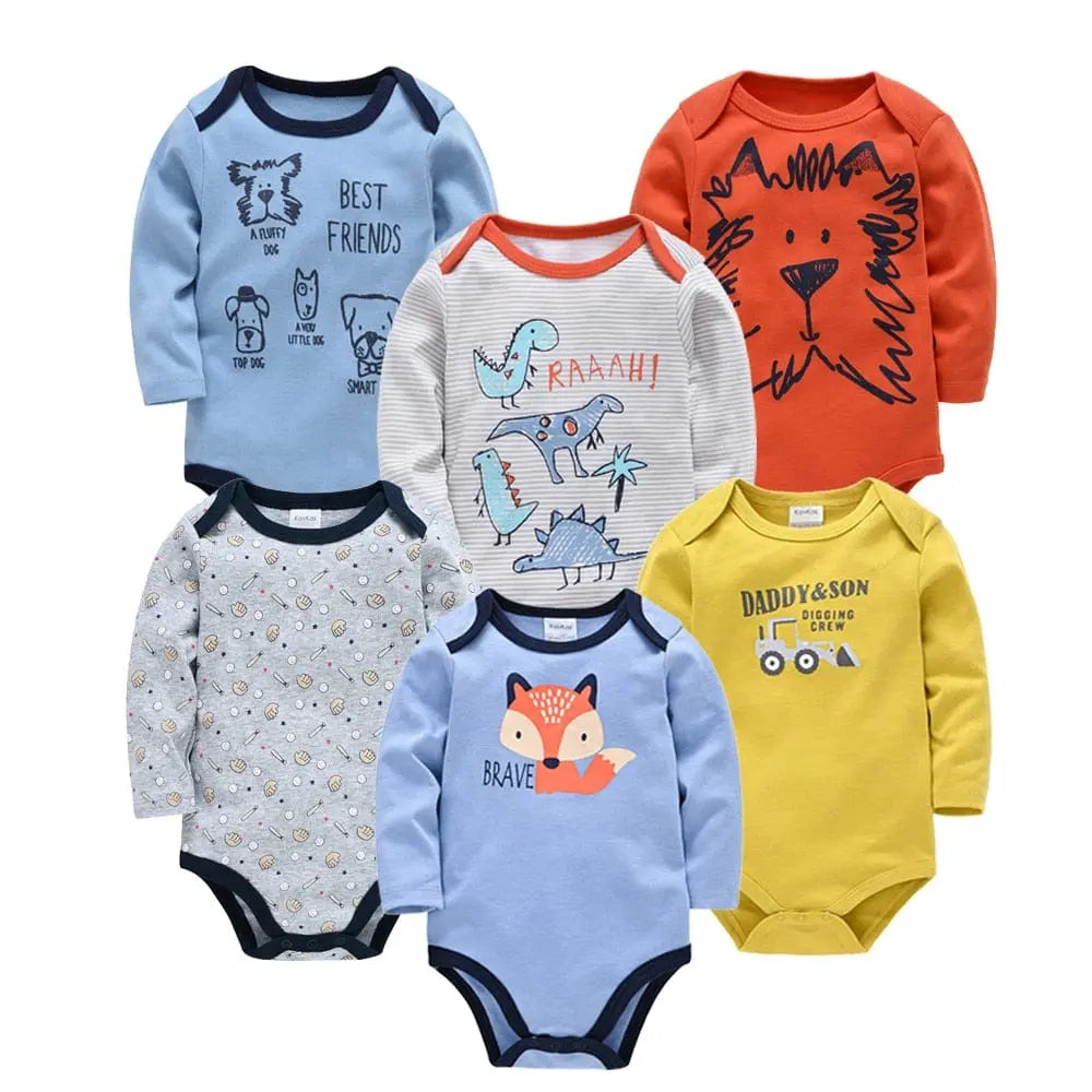 Kavkas Baby Bodysuits by Showlu Fashion Store, set of 6 long sleeve cotton jumpsuits for boys and girls, 0-12 months.