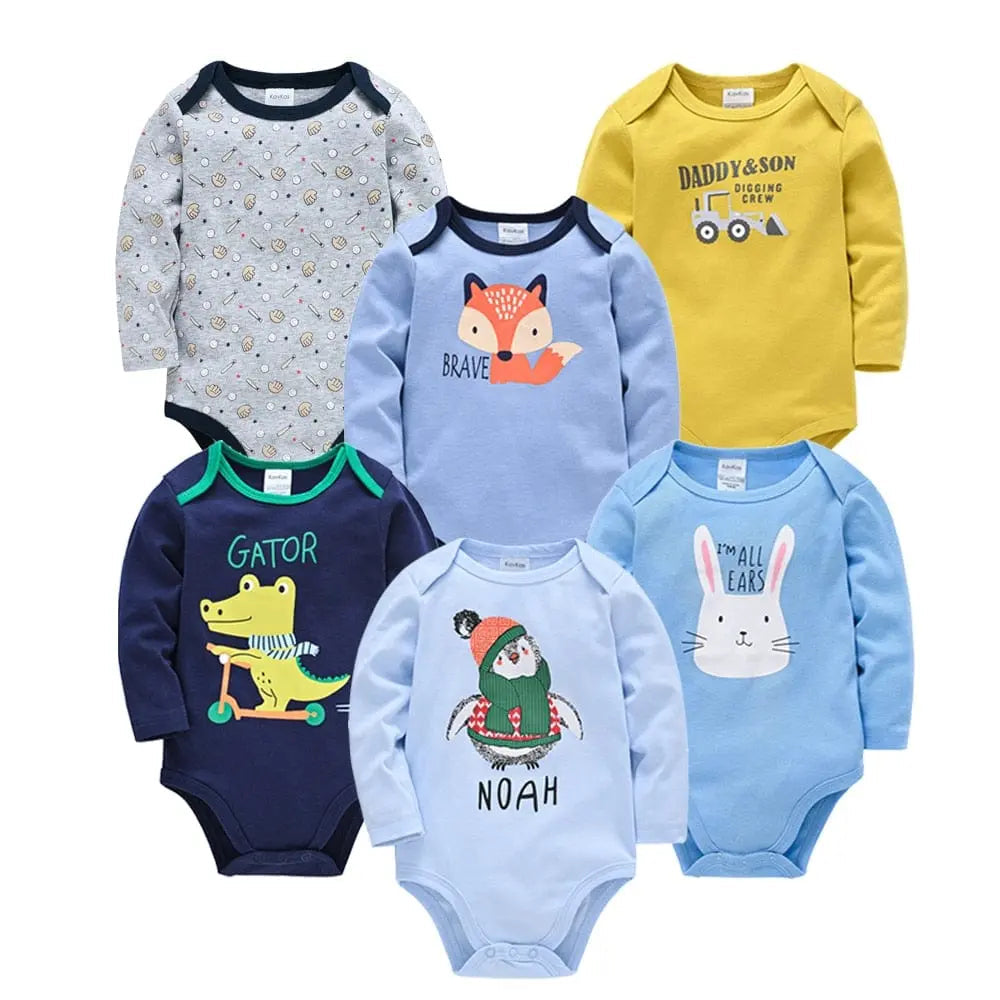 Kavkas baby bodysuits by Showlu Fashion Store, set of 6 long-sleeve cotton jumpsuits for boys and girls, ages 0-12 months.