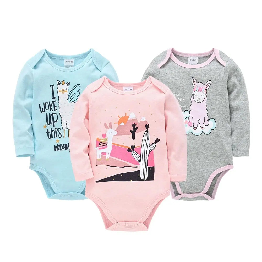 Kavkas baby bodysuits by Showlu Fashion Store, set of 6 long sleeve 100% cotton jumpsuits for 0-12 months old boys and girls.
