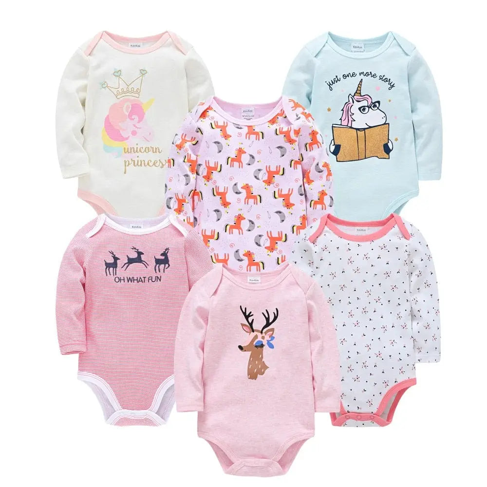 Kavkas baby bodysuits by Showlu Fashion Store, 6-pack long sleeve cotton jumpsuits for boys and girls, ages 0-12 months.