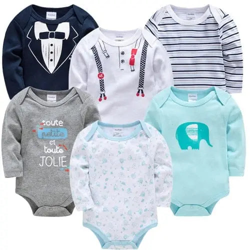 Kavkas baby bodysuits by Showlu Fashion Store, 6-pack of long-sleeve 100% cotton jumpsuits for newborns 0-12 months.