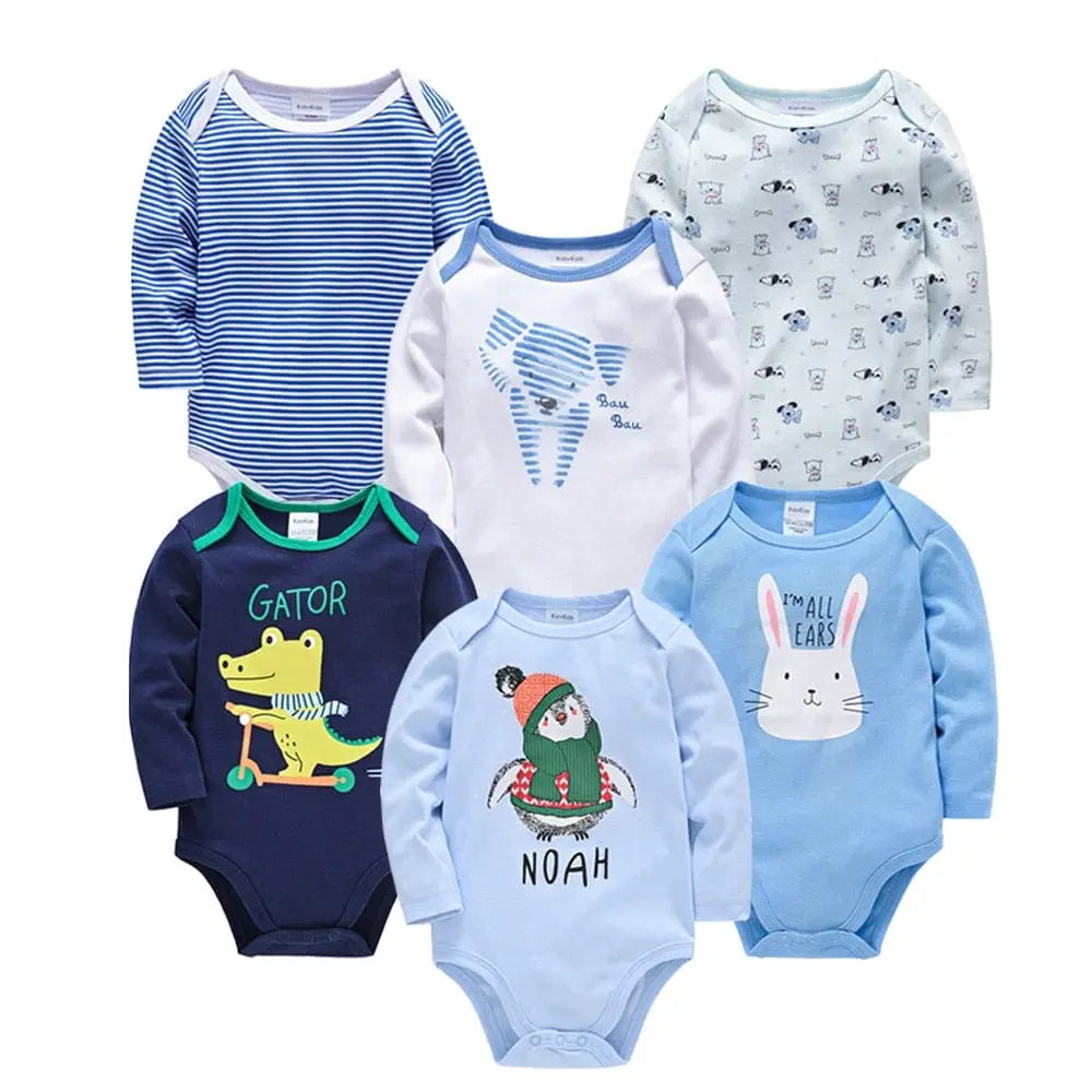 Kavkas baby bodysuits by Showlu Fashion Store, set of six long-sleeve cotton jumpsuits for boys and girls ages 0-12 months.