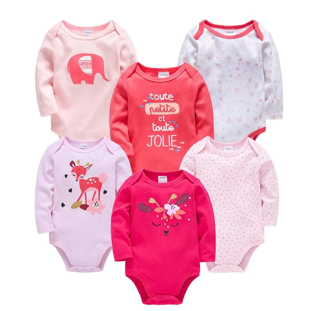 Kavkas baby bodysuits by Showlu Fashion Store, set of 6 long sleeve cotton jumpsuits for boys and girls, 0-12 months.