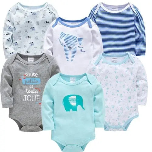 Kavkas baby bodysuits for boys and girls, 100% cotton long sleeve jumpsuits for 0-12 months, shown in a set of six.