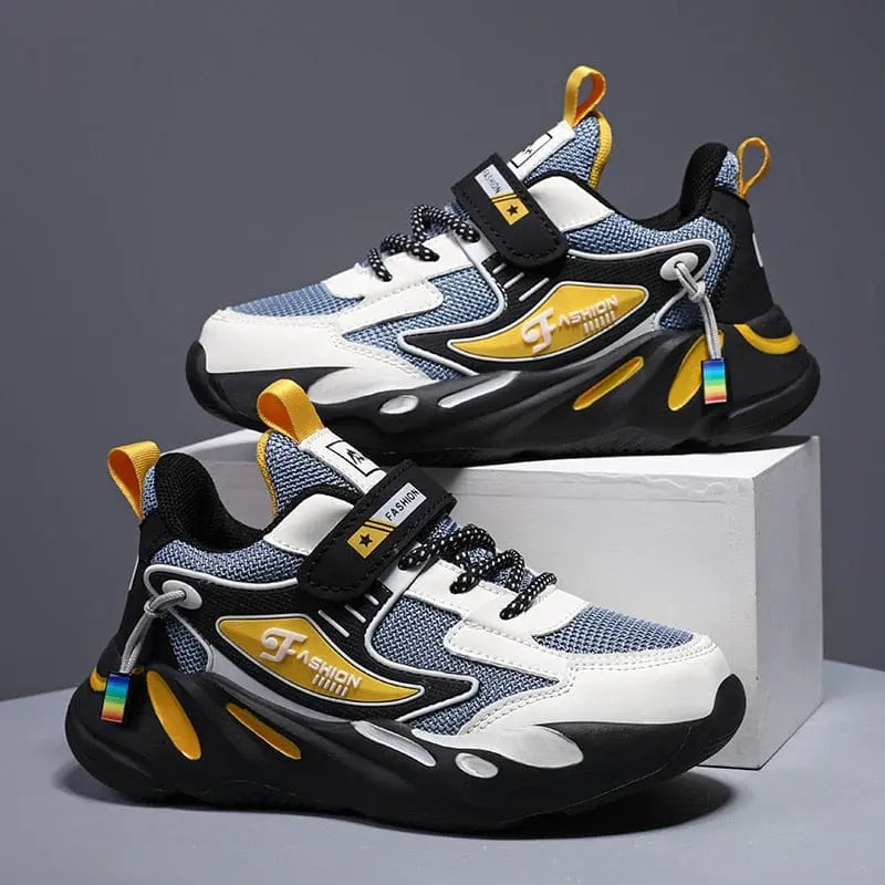 Kids' breathable mesh leather running shoes by Showlu Fashion Store, featuring sporty design and comfortable outdoor footwear.