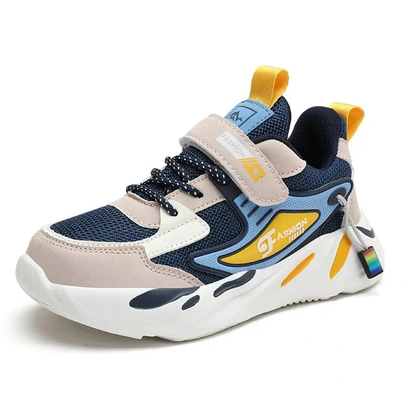 Kids' breathable mesh and leather running sport shoes by Showlu Fashion Store, designed for comfort and outdoor activity.