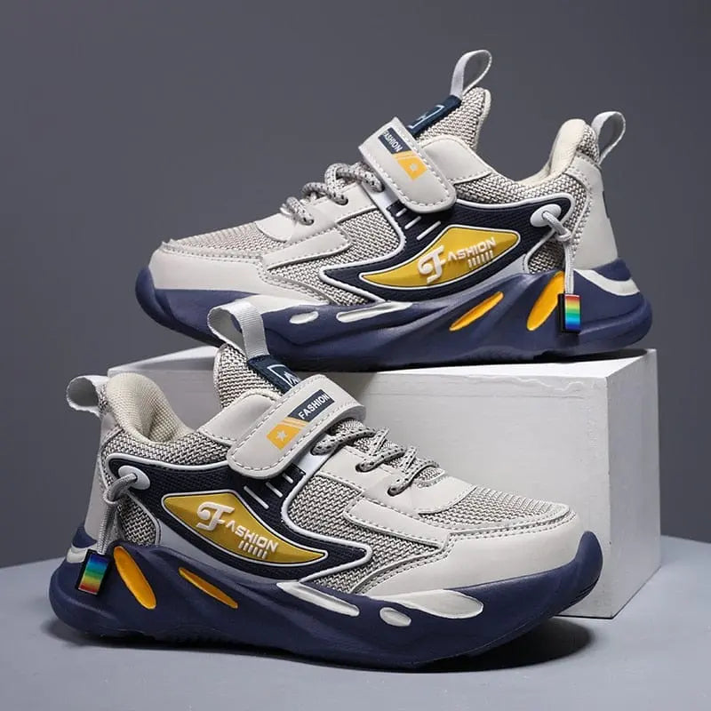 Kids' breathable mesh leather running sport shoes for boys and girls, Showlu Fashion Store casual outdoor sneakers with comfortable fit.