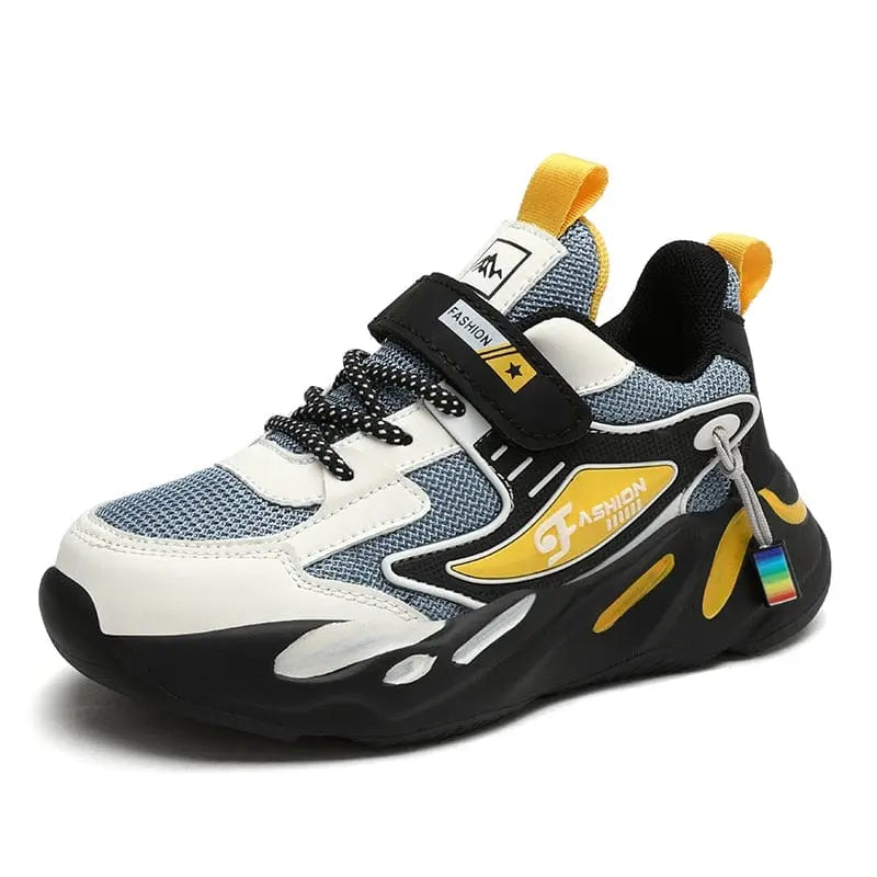 Kids' breathable mesh leather running shoes by Showlu Fashion Store, featuring sporty design and comfortable outdoor footwear for boys and girls.