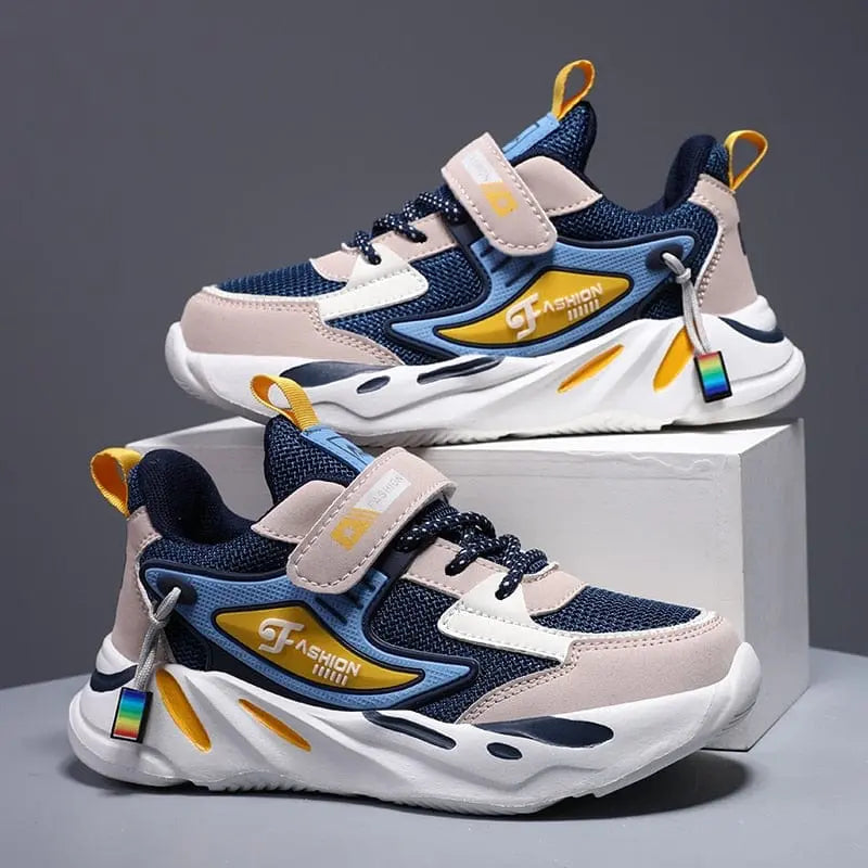 Kids' breathable mesh leather running shoes by Showlu Fashion Store, featuring sporty design and comfortable outdoor walking sole.