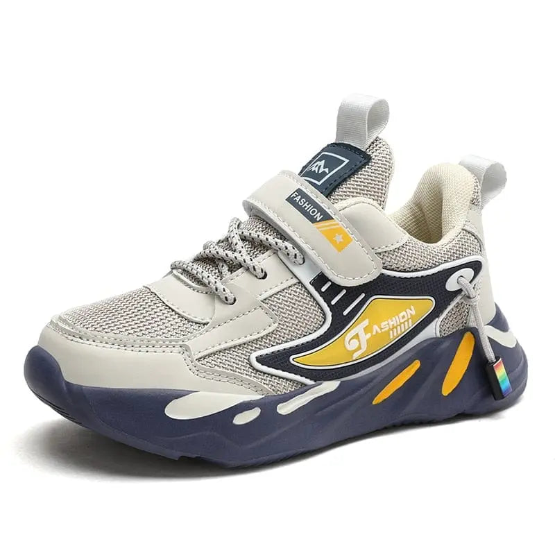 Kids' breathable mesh leather running sport shoes by Showlu Fashion Store, designed for comfort and outdoor activity.