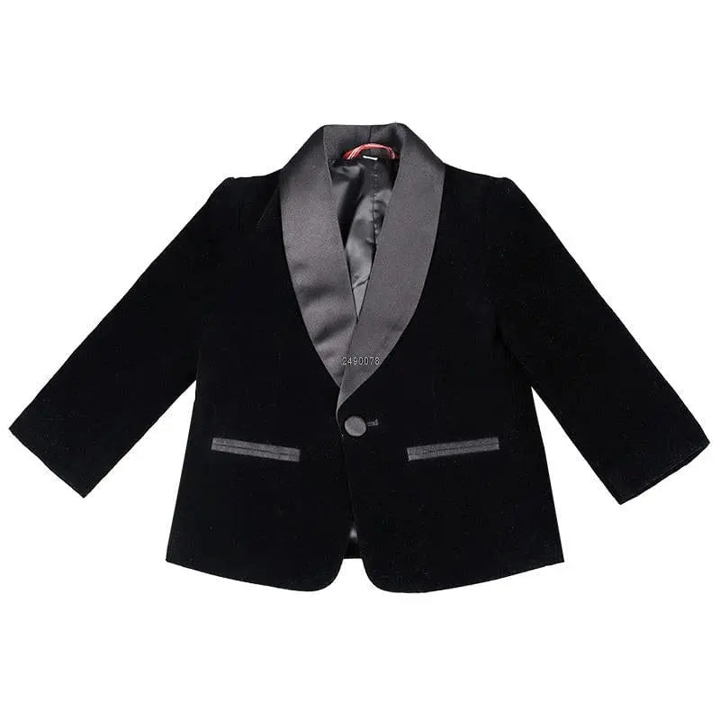 Kids' green velvet blazer and pants suit for boys by Showlu Fashion Store, perfect for weddings, parties, and special occasions.