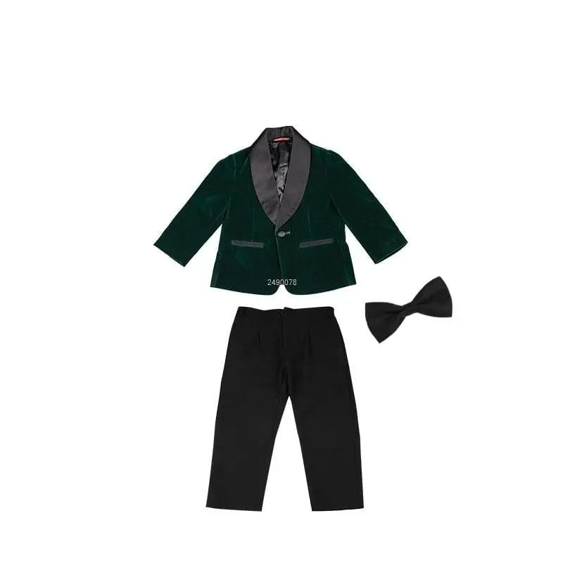 Kids boys green velvet blazer and pants suit for wedding or party, stylish children's formal wear by Showlu Fashion Store.