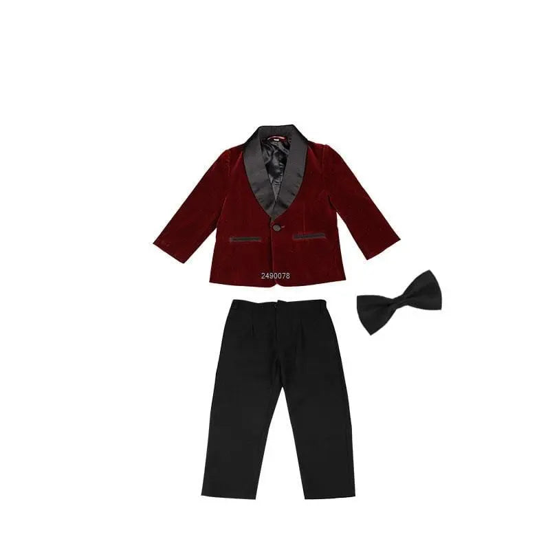 Kids boys green velvet blazer and pants suit for wedding or party, stylish formal outfit by Showlu Fashion Store.