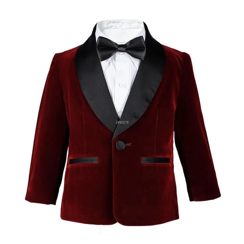 Showlu Fashion Boys green velvet blazer and pants suit, perfect for wedding parties, birthdays, and special occasions.