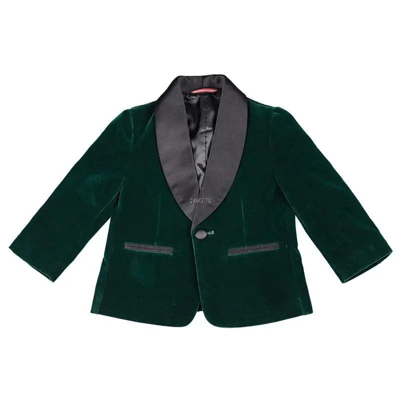 Kids boys green velvet blazer and pants suit by Showlu Fashion Store, perfect for wedding, party, or special occasions.