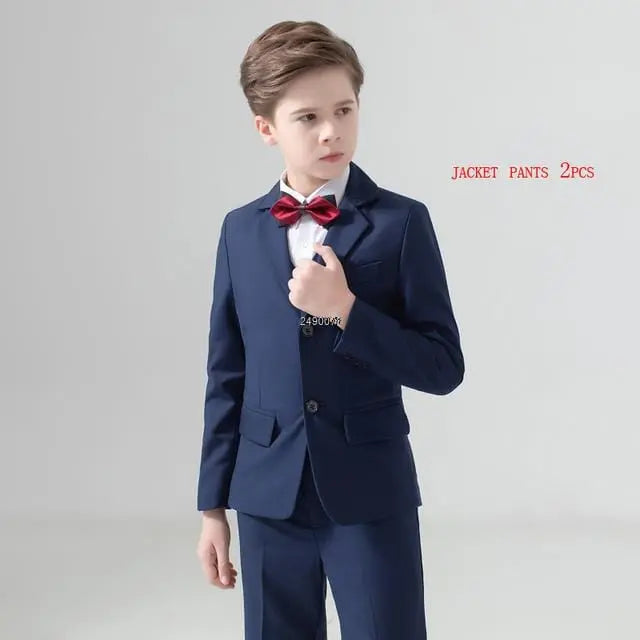 Navy blue boys' wedding suit by Showlu Fashion Store, 3-piece cotton slim fit blazer set for kids, perfect for special occasions.