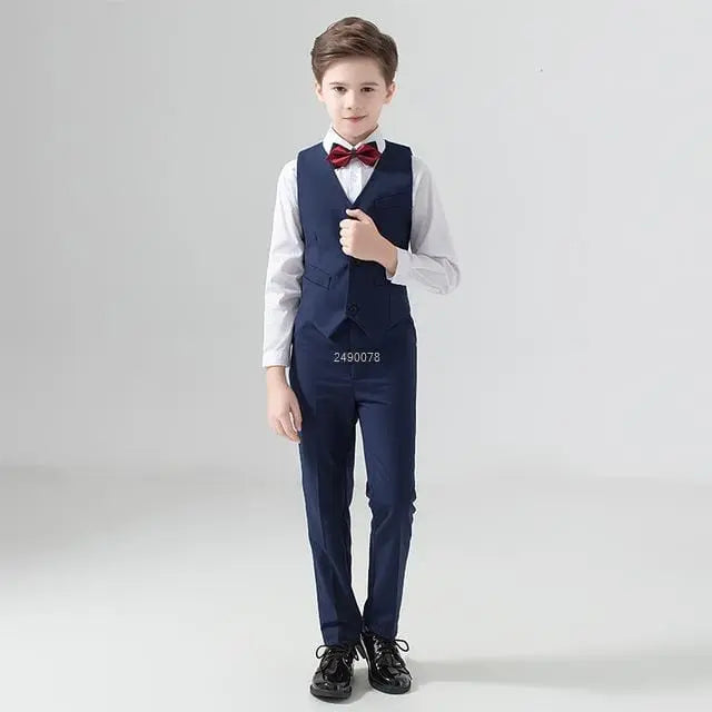 Navy blue boys' wedding suit by Showlu Fashion Store featuring a 3-piece cotton slim fit blazer set for special occasions.