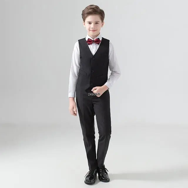Navy blue boys' wedding suit by Showlu Fashion Store, 3-piece cotton slim fit blazer set for special occasions and photos.
