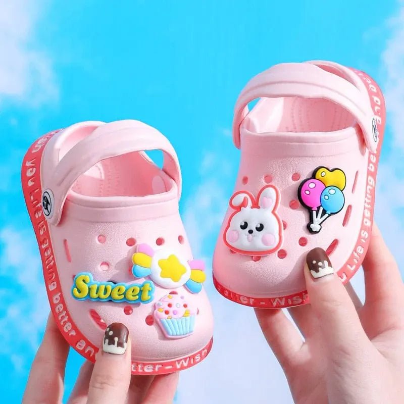 Kids cartoon hole sandals with anti-skid EVA soles, soft beach shoes for boys and girls, featuring colorful fun designs.