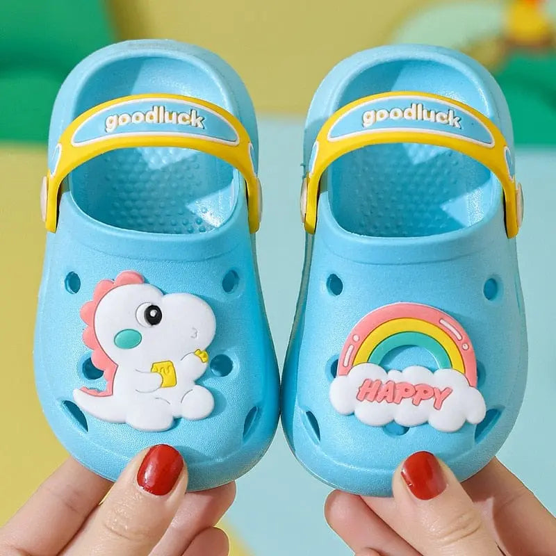 Kids cartoon hole sandals by Showlu Fashion Store, soft anti-skid EVA beach shoes for boys and girls, playful and comfortable.