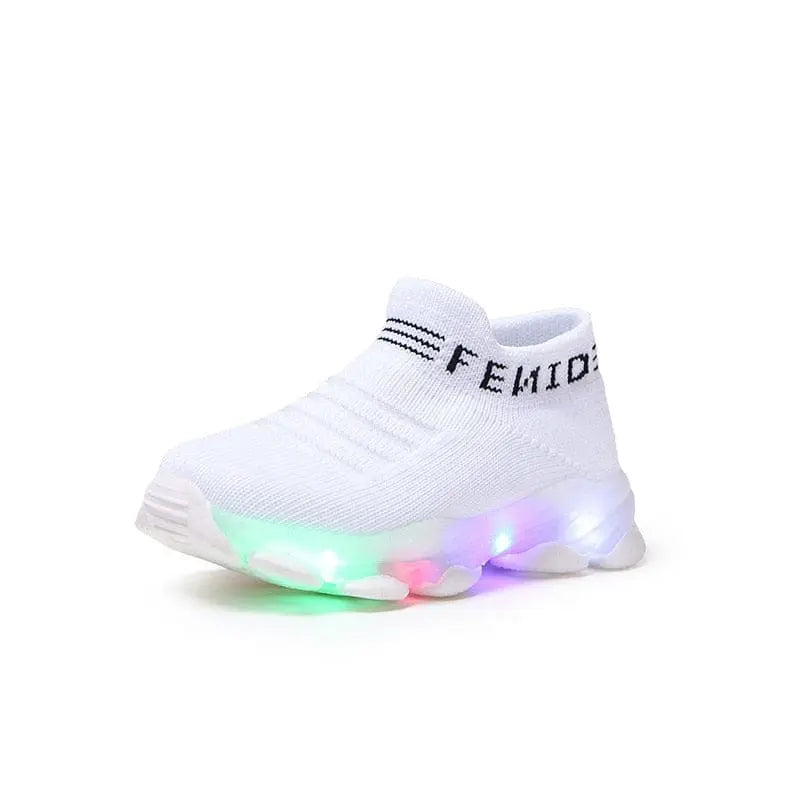Kids LED light-up sneakers by Showlu Fashion Store featuring mesh slip-on design and luminous, sporty shoes for children.