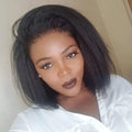 Kinky straight Yaki bob wig with 13x4 HD lace frontal, human hair, soft Remy Peruvian hair, glueless style, for women.