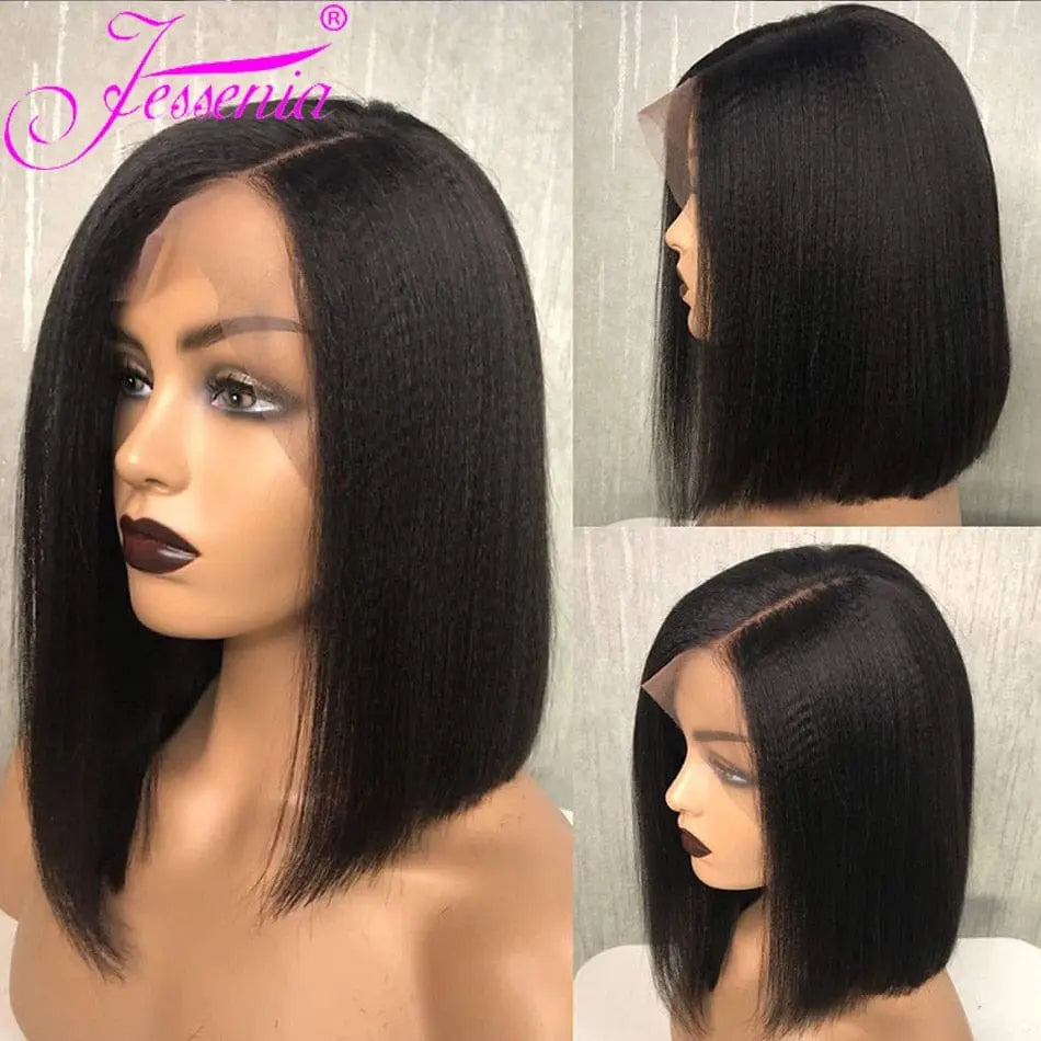 Kinky straight yaki bob wig with 13x4 HD lace frontal, human hair, soft texture, glueless design, shown on a mannequin head.
