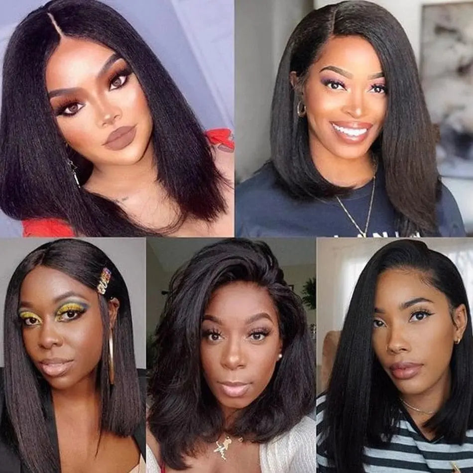 Kinky straight yaki bob wig with 13x4 HD lace frontal, human hair, soft texture, glueless design, shown on a mannequin head.