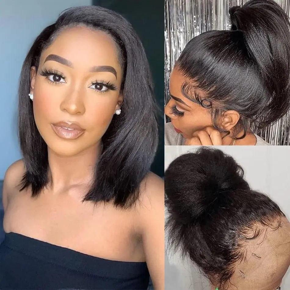 Kinky straight yaki bob wig with 13x4 HD lace frontal, human hair, glueless design, soft Peruvian Remy hair for women.