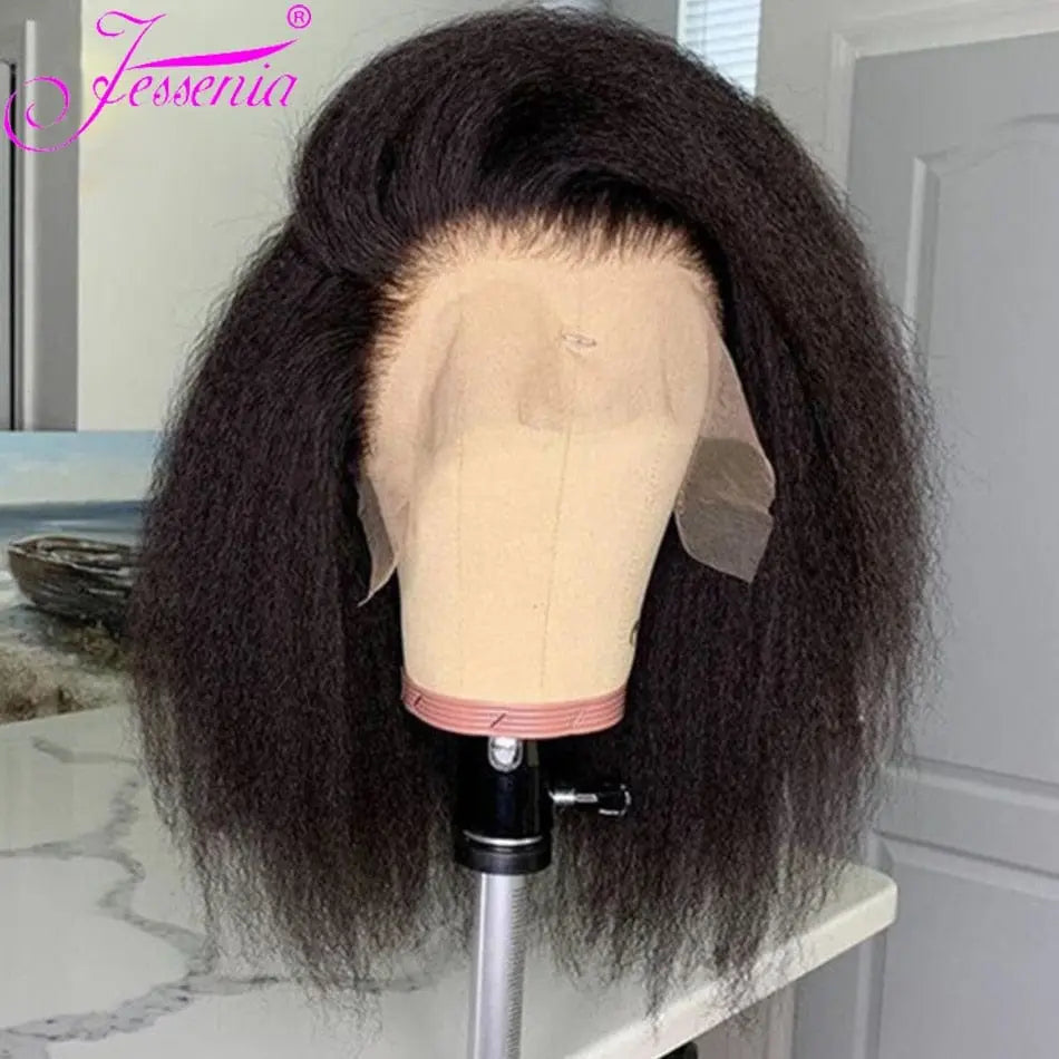Kinky straight Yaki bob wig with 13x4 HD lace frontal, natural human hair, soft Peruvian Remy hair, glueless human hair wig.
