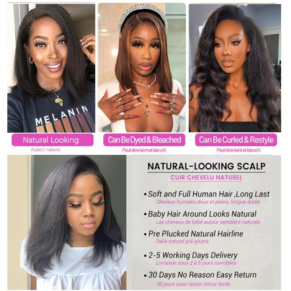 Kinky straight Yaki bob human hair wig with 13x4 HD lace frontal, soft Remy Peruvian hair, glueless design for women.