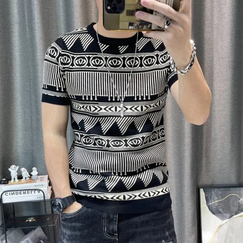 Men's slim fit striped O-neck knitted T-shirt with short sleeves, stylish streetwear from Showlu Fashion Store.