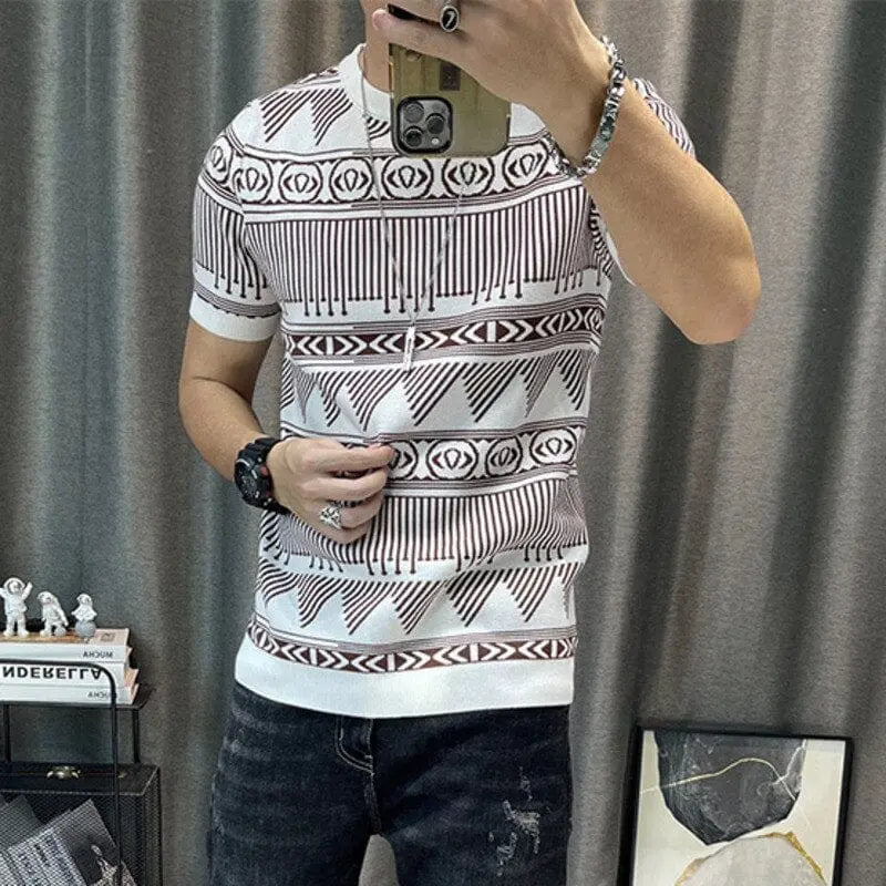 Men's slim fit striped knitted O-neck T-shirt featuring short sleeves and streetwear style, from Showlu Fashion Store.