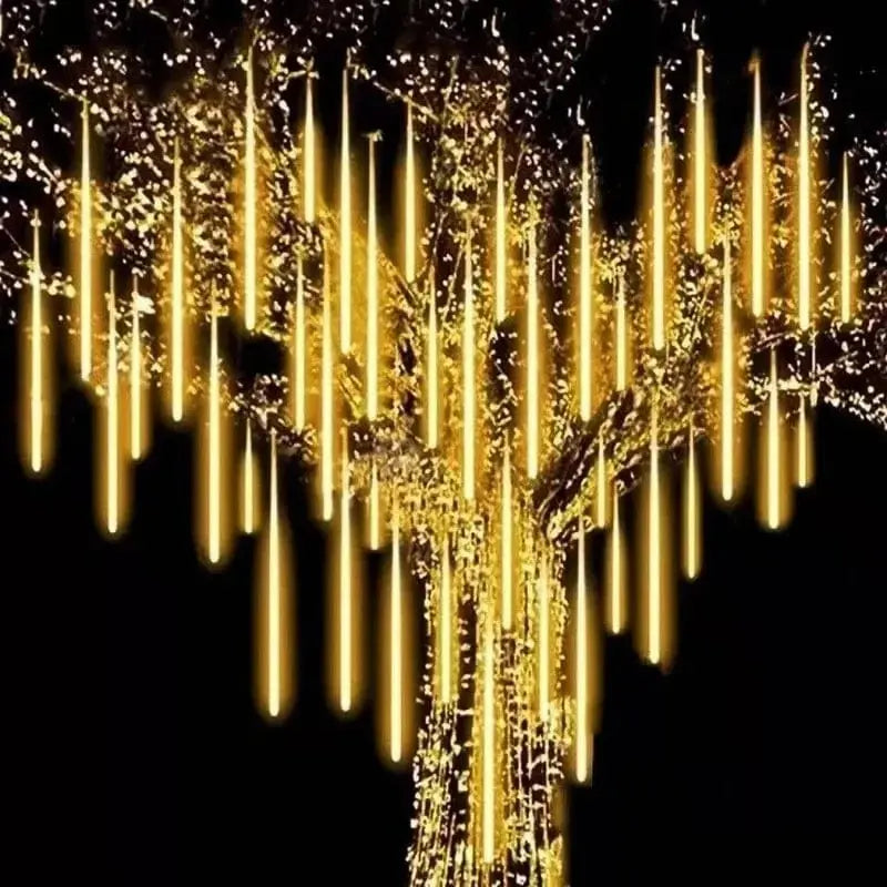 Showlu Fashion Store LED meteor shower rain lights, waterproof 30cm falling raindrop string lights for holiday and patio decor.