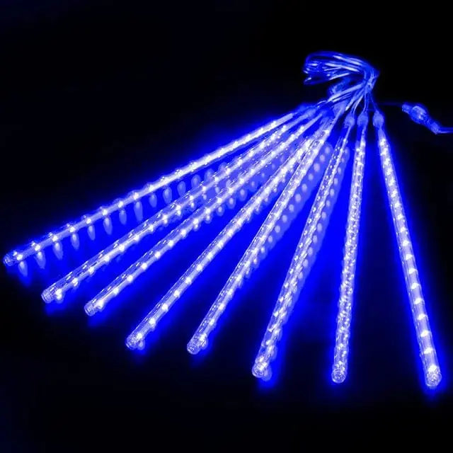 Showlu Fashion Store LED meteor shower rain lights, waterproof 30cm falling raindrop string lights for holiday and patio decor.