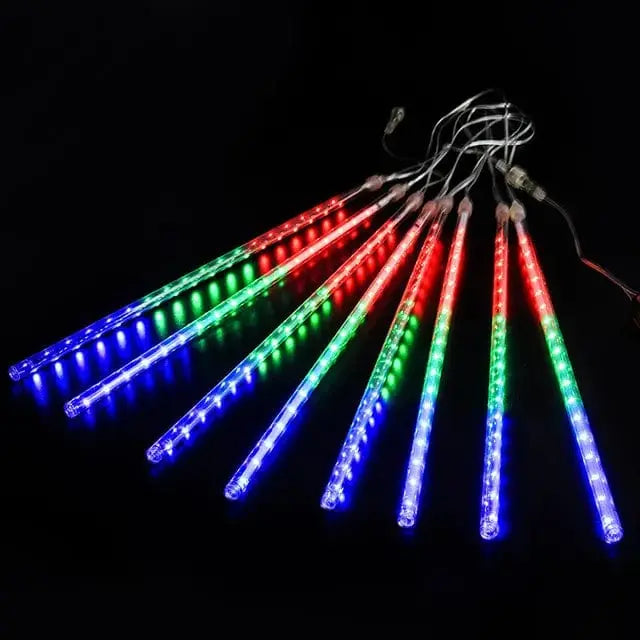 Showlu Fashion Store LED meteor shower rain lights, waterproof 30cm falling raindrop string lights for holiday and patio decor.