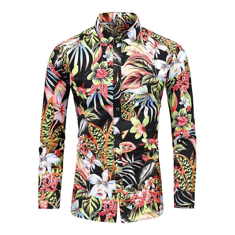 Men's Hawaiian print long sleeve shirt in plus size with floral beach design, casual style, by Showlu Fashion Store.