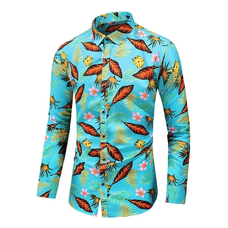 Men's Hawaiian print long sleeve shirt in plus size, featuring colorful floral and beach-inspired patterns by Showlu Fashion Store.