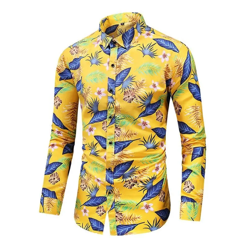 Lifenwenna men's Hawaiian print long sleeve shirt in plus size, featuring colorful floral and beach-inspired patterns.