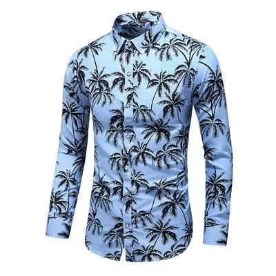 Men's Hawaiian print long sleeve shirt by Showlu Fashion, featuring bold floral pattern, casual plus size, perfect for autumn and beach wear.